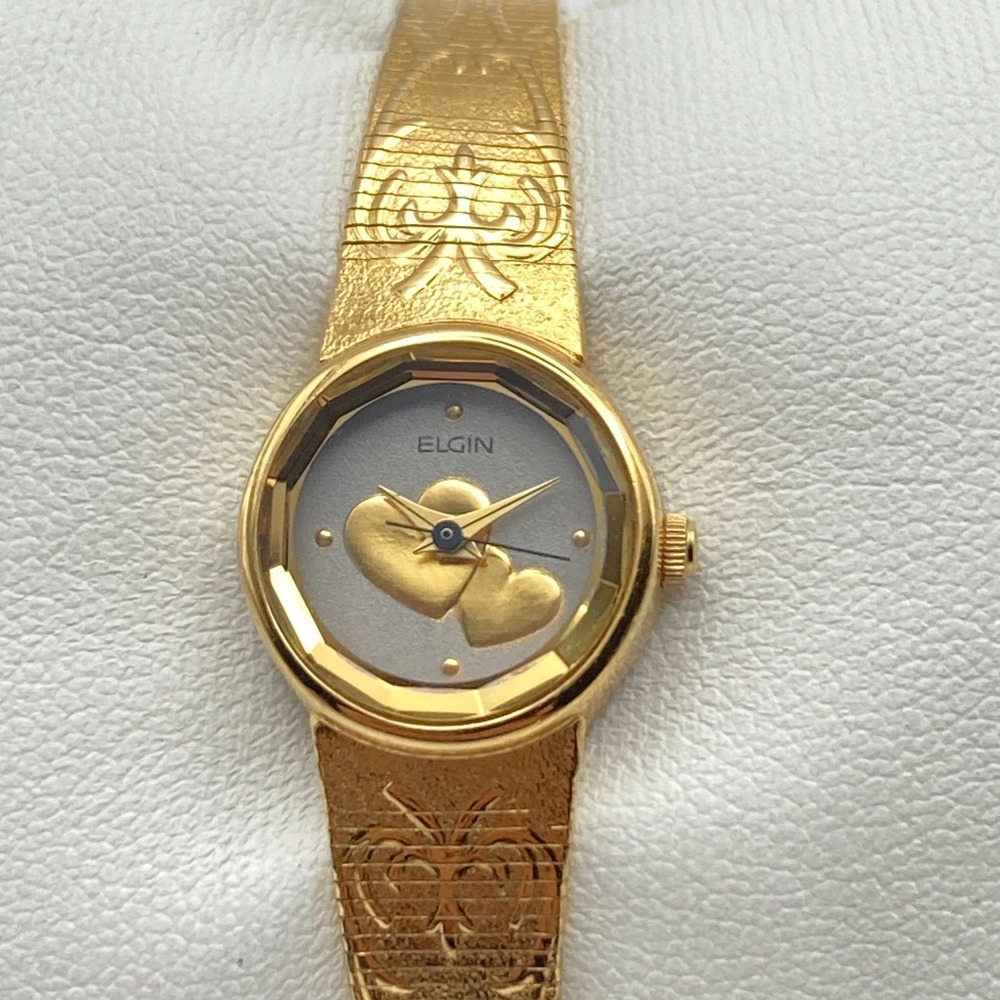 Vintage Elgin Women's Watch 17mm Hearts Gold Tone Petite Adjustable New Battery